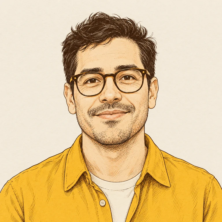 Caricatura de Javier Félix con lentes.